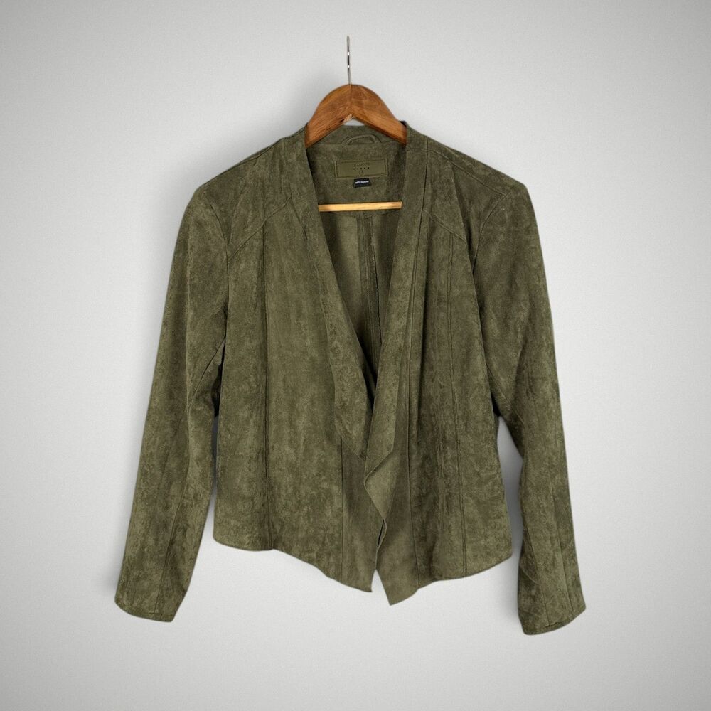 BLANKNYC Women's Jacket Olive Faux Suede Waterfall Open Front Moto Ladies Sz Lrg